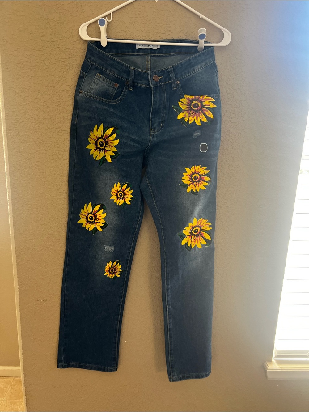 Misslook Sunflower Painted Distressed Blue Denim Jeans Size S